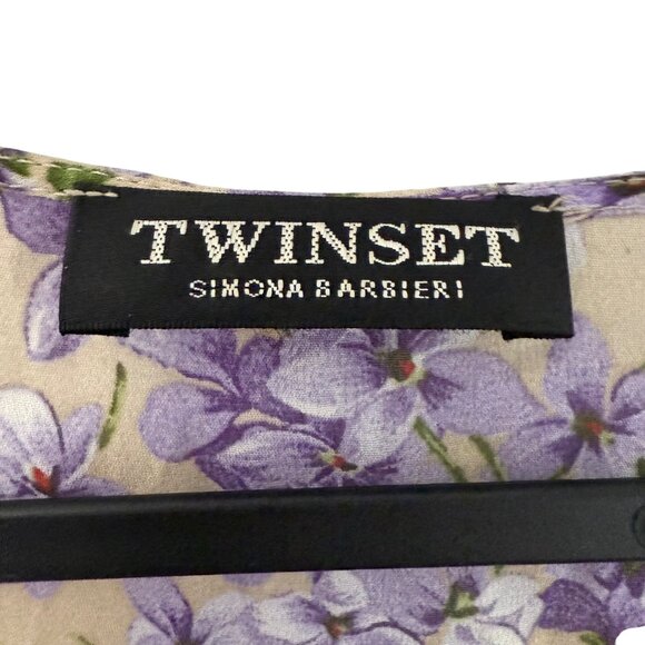 Twinset Simona Barbieri Purple Floral Chiffon Sheer Long Sleeve Vneck Dress XS - Picture 6 of 9